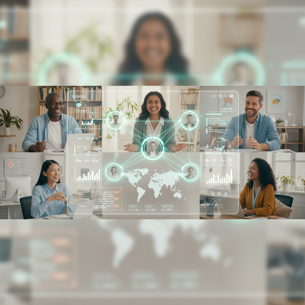 Diverse global team collaborating virtually, symbolizing servant leadership in the remote era