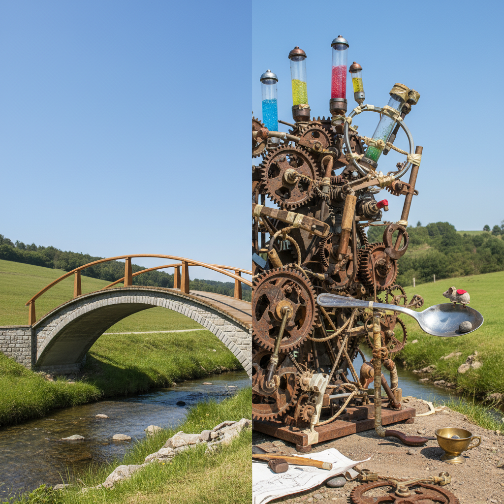 Metaphor for over-engineering: a simple bridge next to a complex Rube Goldberg machine.