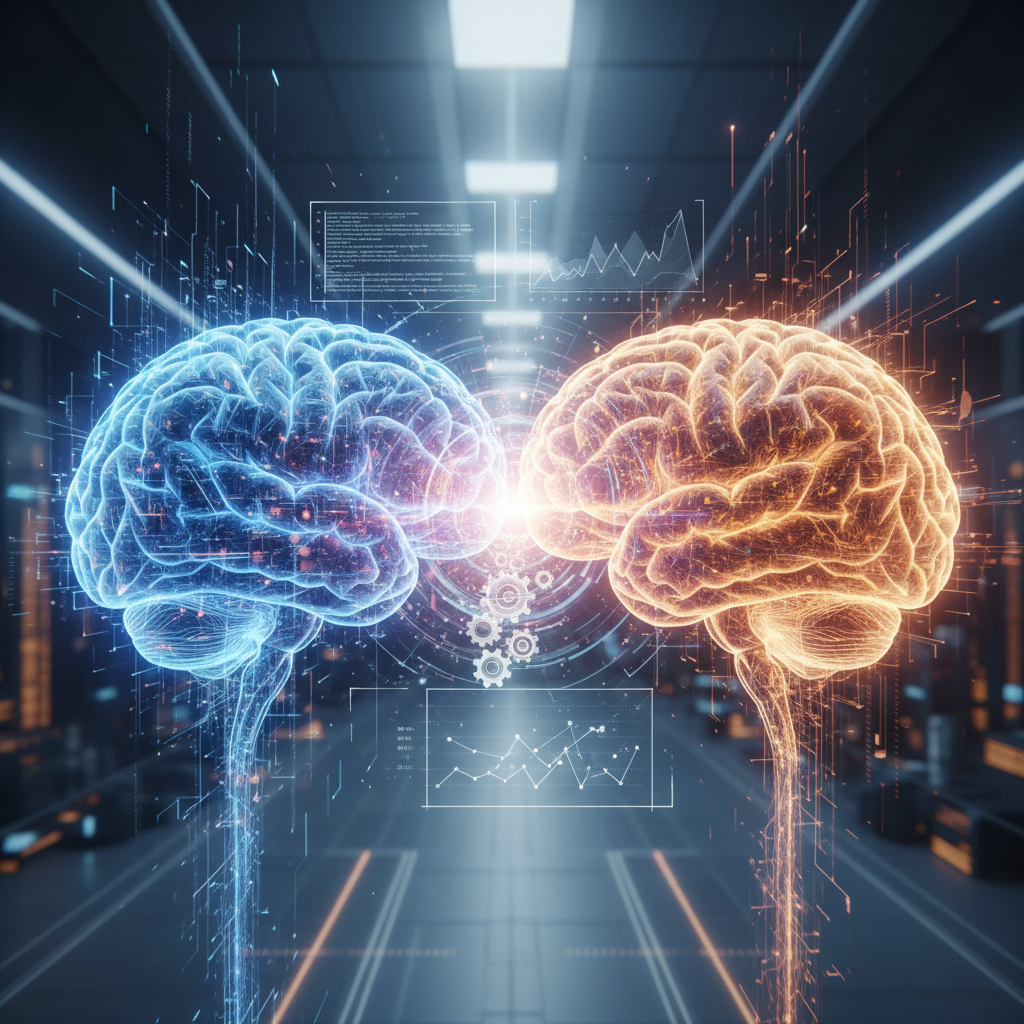 A visual representation of the AI-Human Decision Matrix with interconnected brains and data.